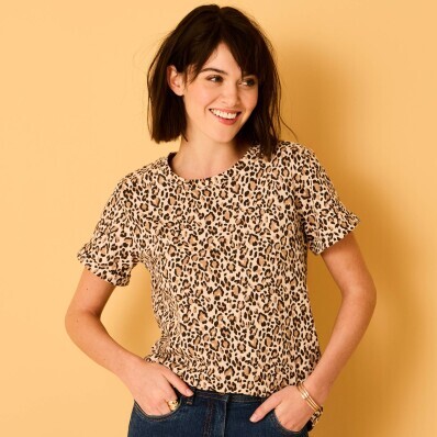 Tricou cu gât rotund și mâneci scurte, imprimat cu blană de animale