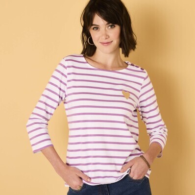 Tricou cu dungi cu broderie de inimă, bumbac organic