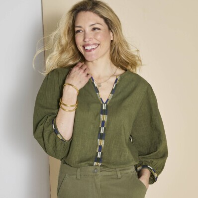 Bluză cu broderie și mâneci 3/4, bumbac