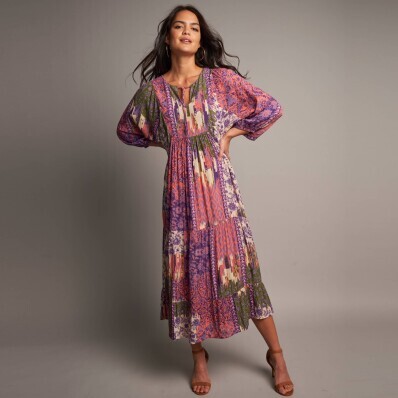 Kreponové midi šaty s 3/4 rukávy a potiskem