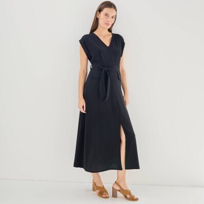 Krepové midi šaty s opaskom a rozparkom