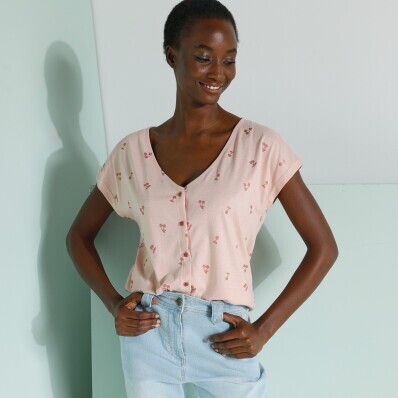 Cămașă butonată cu decolteu în V cu imprimeu de cireșe