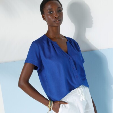 Bluzka z wiskozy w jednolitym kolorze, krótki rękaw