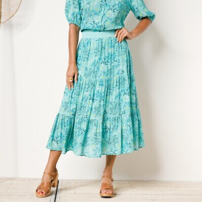 Falbaniasta spódnica midi z kwiatowym nadrukiem