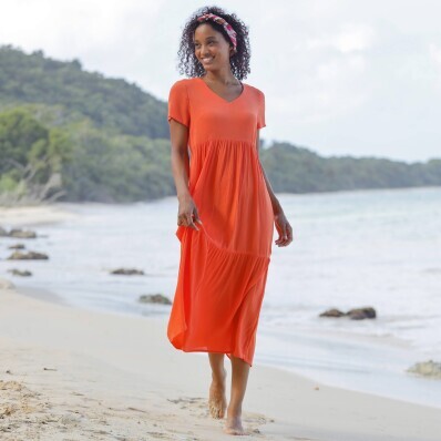 Rochie midi monocromă Crepon cu decolteu în V