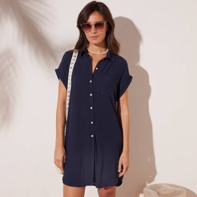 Rochie cămașă din crep de plajă de culoare solidă