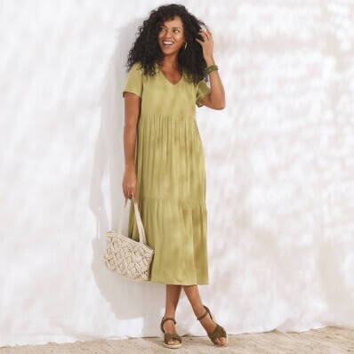 Rochie midi monocromă Crepon cu decolteu în V