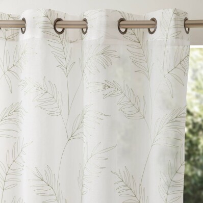 Perdea voal cu broderie de frunze și garnitură cu ochiuri