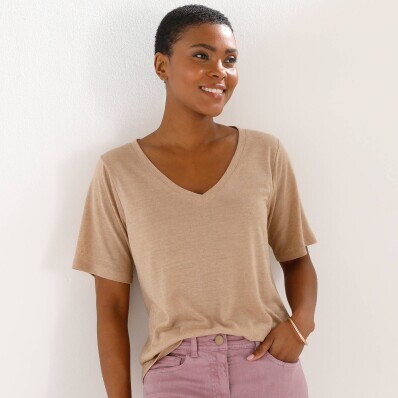 Tričko s prímesou ľanu a výstrihom do ,,V''