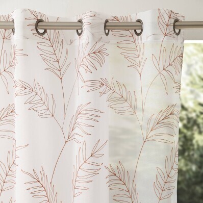 Perdea voal cu broderie de frunze și garnitură cu ochiuri