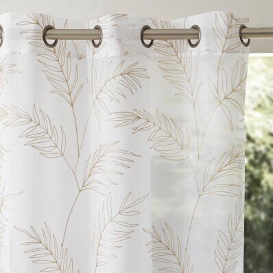 Perdea voal cu broderie de frunze și garnitură cu ochiuri
