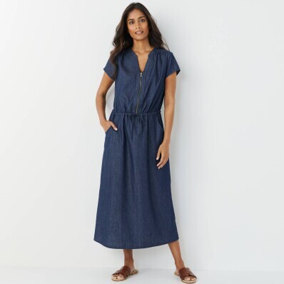 Midi šaty s výstřihem na zip a šňůrkou v pase, z lehkého denimu