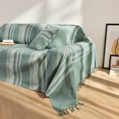 Pruhovaná ručne tkaná bavlnená prikrývka a obliečka na vankúš