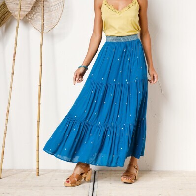 Długa marszczona spódnica ze złotym nadrukiem