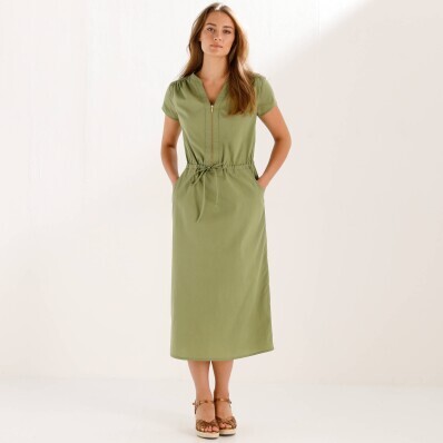 Midi keprové šaty s výstrihom na zips a šnúrkou v páse