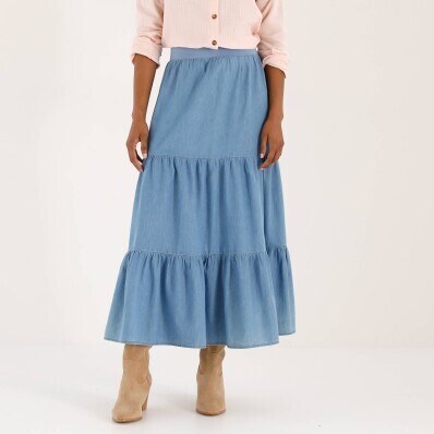 Dlhá volánová sukňa z tenkého denimu