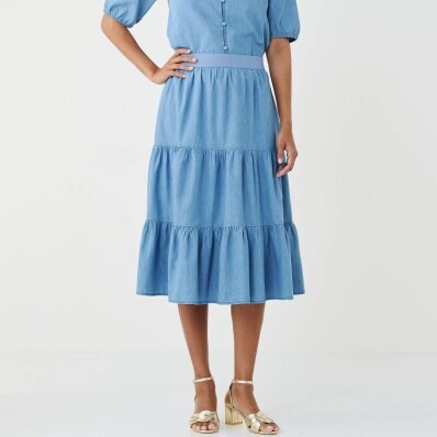 Midi volánová sukňa z tenkého denimu