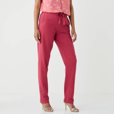 Zúžené kalhoty s pružným pasem, z bavlny a lnu