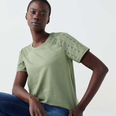 Tričko s kulatým výstřihem, krátkými rukávy a madeirou