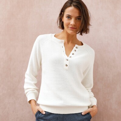 Jednofarebný pulóver s výstrihom na gombíky