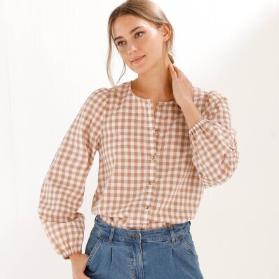 Blúzka s kockovanou potlačou a okrúhlym výstrihom