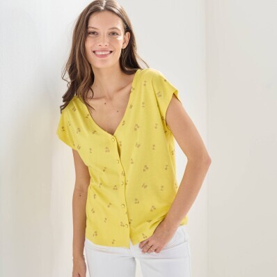 Tričko na knoflíčky s výstřihem do V, s potiskem třešní