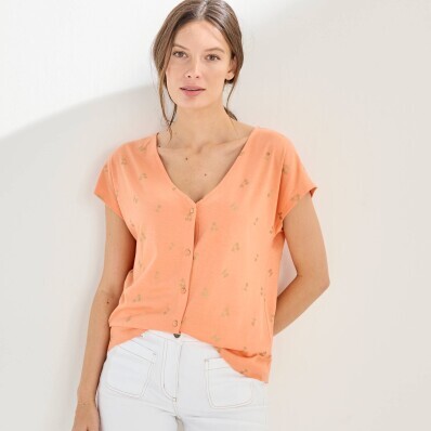 Tričko na knoflíčky s výstřihem do V, s potiskem třešní