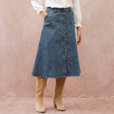 Rozšírená denimová midi sukňa na gombíky