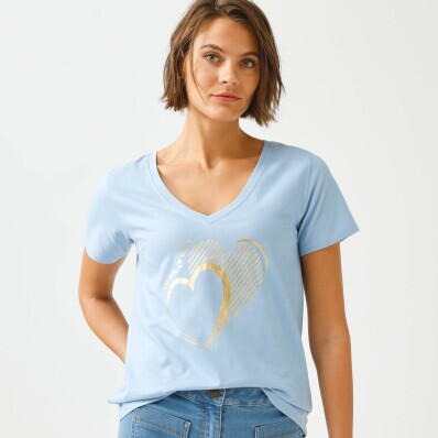 Tričko s výstřihem do V, krátkými rukávy a potiskem srdce vpředu
