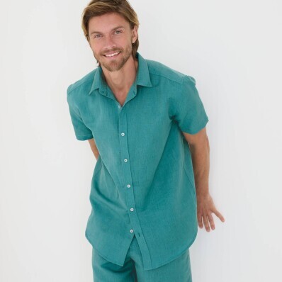 Propínací košile z bavlny-lnu, s krátkými rukávy