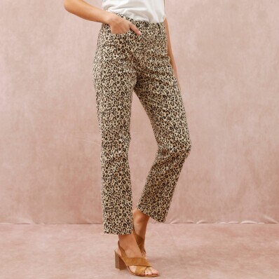 Rovné keprové nohavice s leopardím vzorom