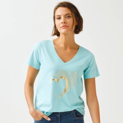 Tričko s výstřihem do V, krátkými rukávy a potiskem srdce vpředu