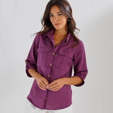 Košeľa s 3/4 rukávmi na ohrnutie zo zmesi bavlny a ľanu