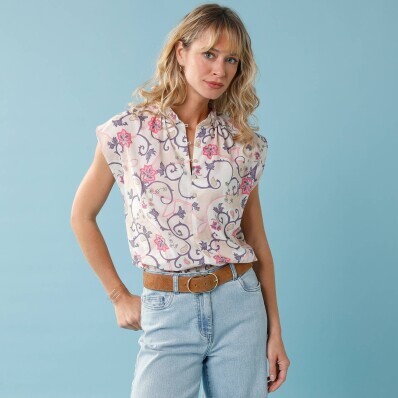 Košilová halenka bez rukávů a s potiskem kašmíru, pro malou postavu