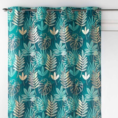 Záves s očkami a potlačou tropického motívu s metalickým efektom