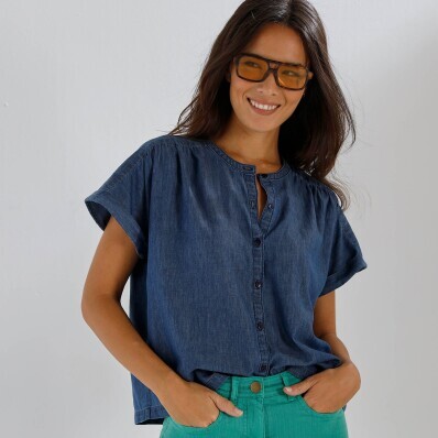 Džínová halenka na knolfíčky, s krátkými rukávy