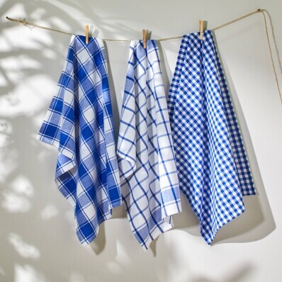 Set de 3 prosoape de bucătărie cu imprimeu în carouri, fibre vopsite, albastru