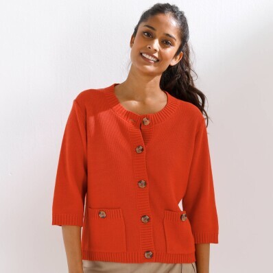 Propínací svetr s kapsami a 3/4 rukávy