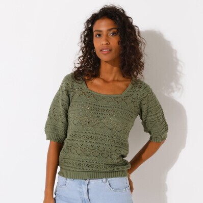 Ażurowy sweter z rękawami do łokci