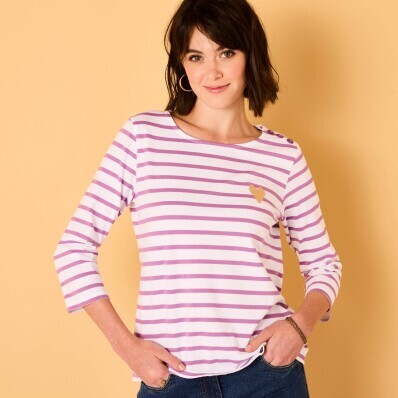 T-shirt w paski z haftowanym sercem, bawełna organiczna