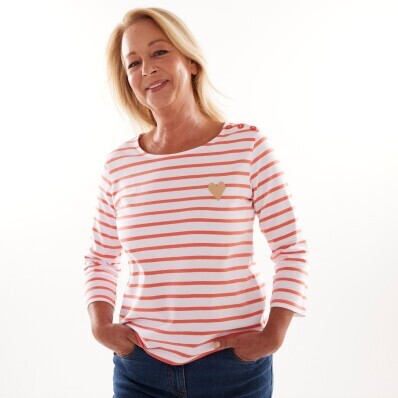 Tricou cu dungi cu broderie de inimă, bumbac organic