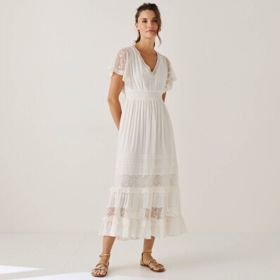 Rochie lungă din crep și tul brodat