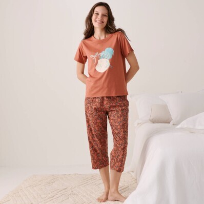 Bluzka piżamowa z krótkim rękawem i nadrukiem liści