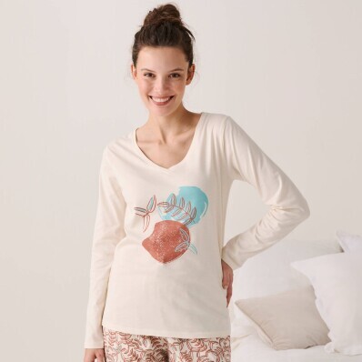 Bluzka piżamowa z długim rękawem i nadrukiem liści