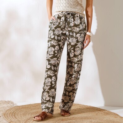 Vzdušné široké kalhoty s potiskem rostlinného vzoru
