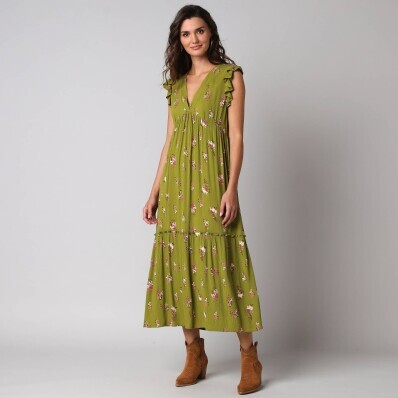 Dlouhé šaty s výstřihem do V a potiskem květin