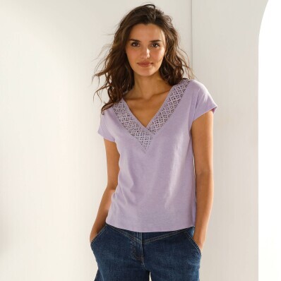 Пряма футболка з V-подібним вирізом макраме, бавовна-льон