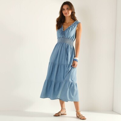 Dlouhé volánové šaty, denim