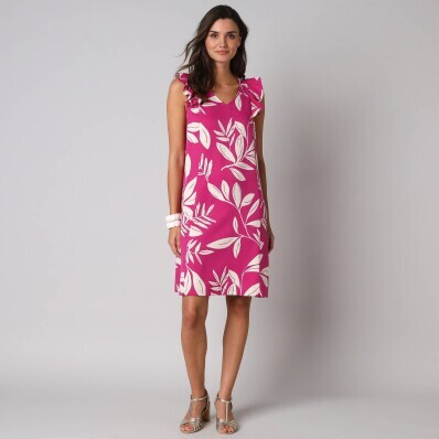 Krótka sukienka z dekoltem w serek i nadrukiem liści