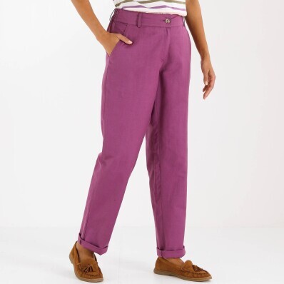 Przewiewne spodnie chino z gumką w pasie, z płótna bawełnianego i lnianego